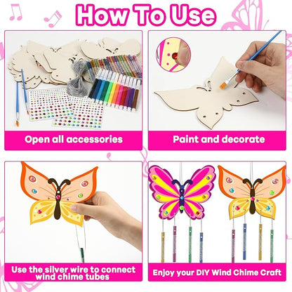 16 Pack Butterfly Wind Chime Kits Butterfly Crafts for Kids Make Your Own Butterflies Wind Chime Wooden DIY Arts and Crafts for Spring Summer Party School Classroom Decorations Supplies Birthday Favor