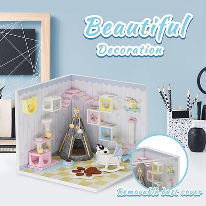 Kisoy Dollhouse Miniature with Furniture Kit, DIY 3D Wooden DIY House Kit A Corner of a Small Apartment Style with Dust Cover & LED,Handmade Tiny House Toys for Gift of Teens and Adults(Pet Room)