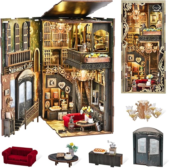 CCCDF Book Nook Kit - DIY Miniature House Coffee Shop Dollhouse Kit for Adults and Teens, 3D Wooden Puzzle Booknook Tiny House Bookshelf Decor, Gifts for Family, Friends (Saison Café)