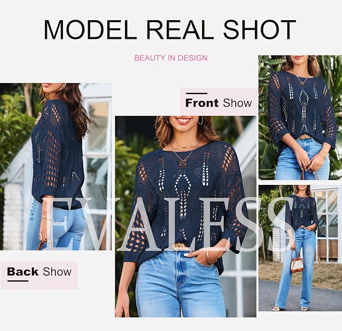 EVALESS Womens Crochet Hollow Out Knit Tops Half Sleeve Spring Summer Sweaters Beach Cover Ups for Women Trendy 2026