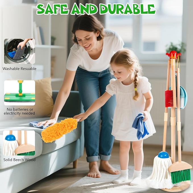 Wooden Kids Cleaning Set with Spray Mop, Montessori Cleaning Toys Real Water Sprayer and Toddler Broom Mop Set, Housework Pretend Play Toy Gift for Boys Girls Ages 3+