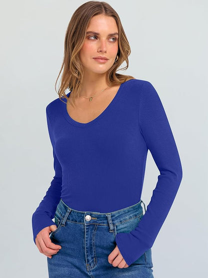 ANRABESS Long Sleeve V Neck Shirts for Women | Soft Comfy Ribbed Knit Fitted Tshirts, Casual Going Out Tops, 2026 Trendy Basic, Fall Winter Underscrub Layering Clothes