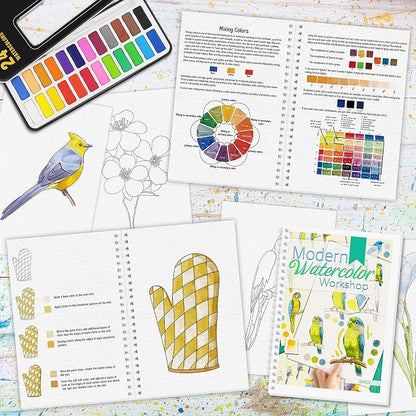 3Pcs Watercolor Workbook Paint Book Beginner Friendly Painting Kit, 36 Pages Workbooks with 24 Paint Colors & Brush for Beginners, Stress-Relieving Gift for Women Adults (Bird&Flower&Kitchen)