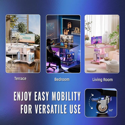 Pamray Small Gaming Desk Rolling Computer Table White | Movable, with Led Lights Power Outlets, with Storage Pegboard and Hook, Sturdy, Suitable for Study Gaming Bedroom Dorm
