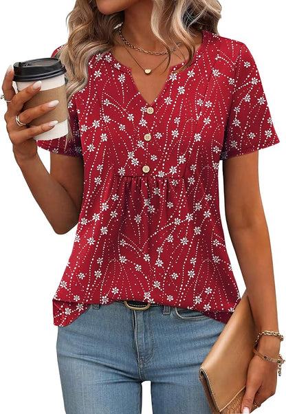Zeagoo Womens Short Sleeve Tops Summer Henley V-Neck Tshirts Casual Pleated Blouse Dressy Loose Floral Basic Tee