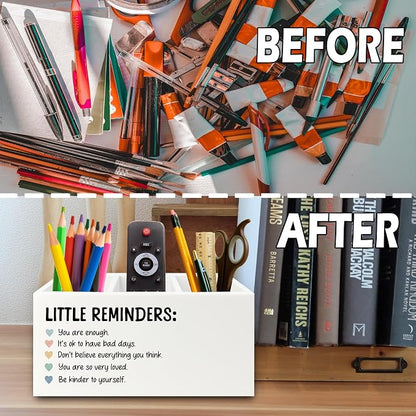 Little Reminders Inspirational Pen Pencil Holder Organizer for Desk, Positive Gifts, Mental Health Motivational Wooden Box Sign for Therapy Counselor Office Classroom Desk Tabletop Decorations