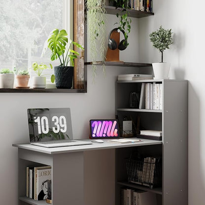 HOMCOM Modern Home Office Desk with 6-Tier Storage Shelves, 47", Gray | Writing Desk, Bookshelf