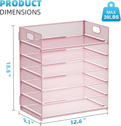 Marbrasse 2 Pack Desk Organizer with Handle, 6 Tier Paper Letter Tray, Mesh Desk File Organizer for Office, School and Home - Pink