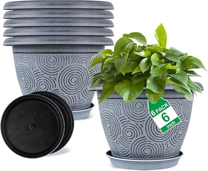 6 Inch Flower Pots Planters for Indoor Outdoor Plants, 6 Pack Plastic Small Plant Pots with Drainage Hole & Tray, Modern Decorative Garden Pot with Saucer, Plant Container for House
