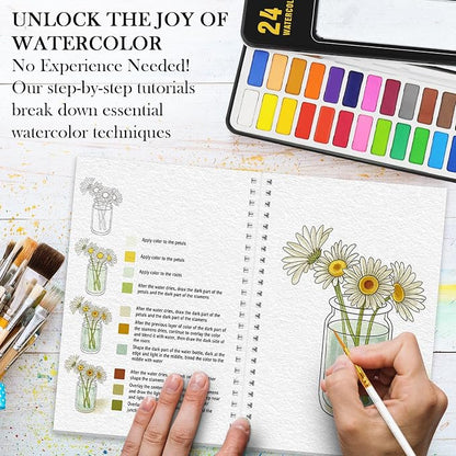3Pcs Watercolor Workbook Paint Book Beginner Friendly Painting Kit, 36 Pages Workbooks with 24 Paint Colors & Brush for Beginners, Stress-Relieving Gift for Women Adults (Bird&Flower&Kitchen)