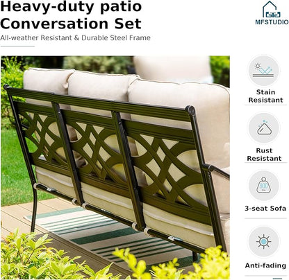 MFSTUDIO 7 Seats Metal Patio Furniture Sets, 6 Pieces Outdoor Sectional Sofa Conversation Set with 2 x Motion Chairs, 2 x Fixed Chairs, 1 x 3-seat Sofa and 1 x 45 inches Rectangular Fire Pit Table