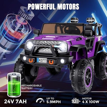 Hikole 24 Volt 4WD/2WD Switchable Ride on Toy Car, 2 Seater Battery Powered Car for Big Kids with Remote Control, 4X100W Power Car Wheels for Girls, Music, 20" Wide Seat, LED Lights -Purple