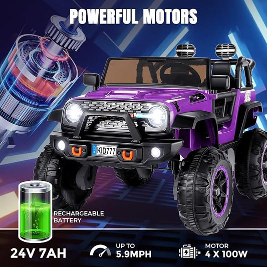 Hikole 24 Volt 4WD/2WD Switchable Ride on Toy Car, 2 Seater Battery Powered Car for Big Kids with Remote Control, 4X100W Power Car Wheels for Girls, Music, 20" Wide Seat, LED Lights -Purple