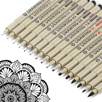 Muchcute Micro Fineliner Drawing Art Pens: 16 Black Fine Line Waterproof Ink Set Artist Supplies Archival Inking Markers Liner Professional Sketch Outline Anime Sketching Watercolor Zentangle Stuff