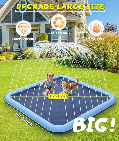 EPN Splash Pad, 127"- 90.5" Size Extra Large Sprinkler Play Mat for Dogs & Kids, Thicker Wading Pool Summer Outdoor Water Toys, Fun Backyard Fountain Play Pad for 3 Age+ Girls Boys Children & Pets