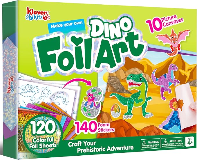 Klever Kits Foil Art Kit for Kids - Arts & Crafts Supplies, Mess Free Coloring, Dinosaur Foil Foam Stickers, Creative Travel Toys, Birthday Gifts for Boys & Girls Ages 4 and Up