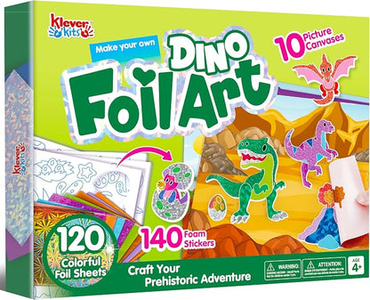 Klever Kits Foil Art Kit for Kids - Arts & Crafts Supplies, Mess Free Coloring, Dinosaur Foil Foam Stickers, Creative Travel Toys, Birthday Gifts for Boys & Girls Ages 4 and Up
