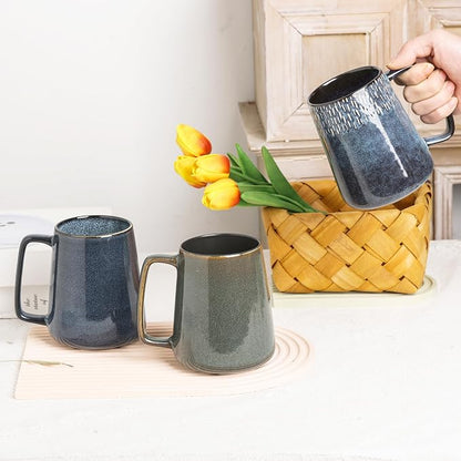 Large Ceramics Coffee Mugs,24 OZ,With Spoon And Wooden Lid,For Coffee,Tea,Cocoa,Large Handle Design,Microwave And Dishwasher Safe(Color:24 oz blue set)