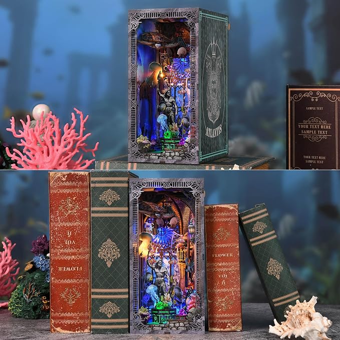 fifijoy Book Nook Kit - DIY Miniature House Dollhouse Kit for Adults and Teens, Booknook Tiny House Atlantis Bookshelf Decor 3D Wooden Puzzle with LED Light, Gifts for Family and Friends (Atlantis)