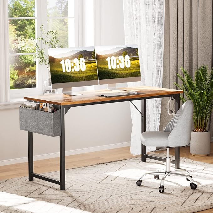 OLIXIS 47 Inch Computer Office Desk for Small Spaces, Writing Gaming Work Desk Modern Study Table with Storage Bag & Headphone Hook Home Bedroom, Rustic Brown | Computer Gaming Writing Workstation, Small Spaces for Home Bedroom, Rustic Brown
