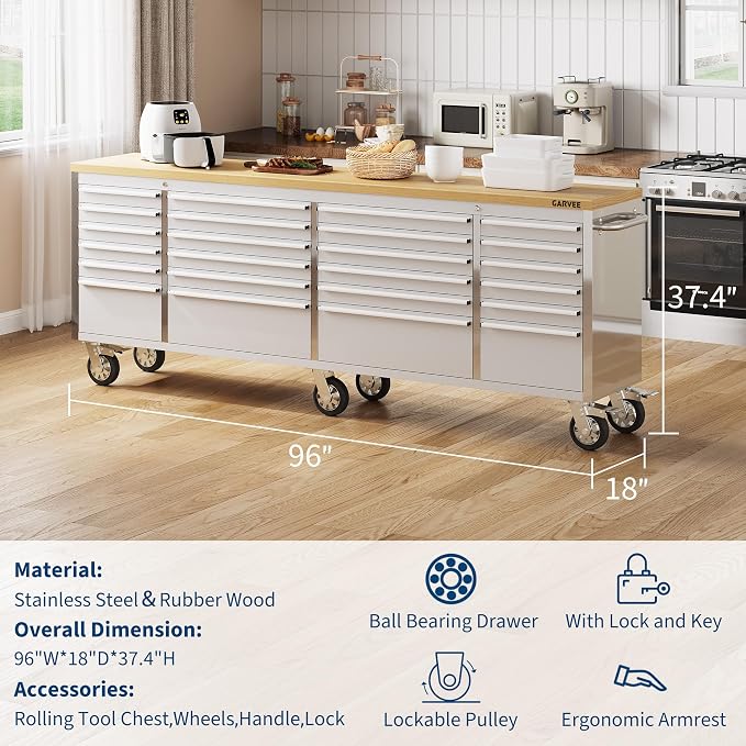 Garvee 96-Inch Heavy-Duty Rolling Tool Chest & Mobile Workbench with 24 Drawers, Rubber Wood Tabletop, Key Locking System, Drawer Liners and Wheels, Steel Storage Cabinet for Garage, Workshop