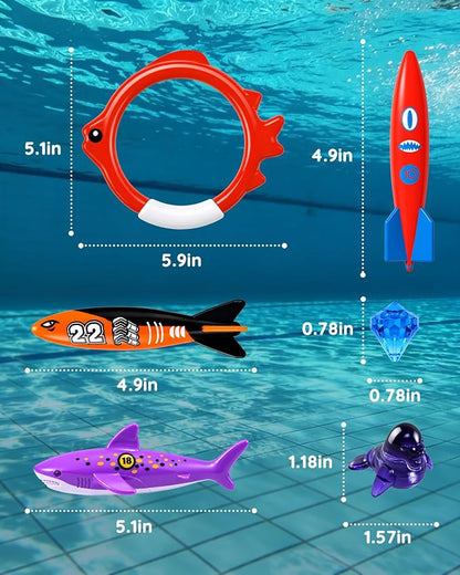 20Pcs Summer Pool Diving Swimming Toys for Kids Ages 3-12, Fun Swim Games Sinking Set, Underwater Dive Gifts with Storage Bag Include Torpedo Gems Shark Rings Sea Animals for Boys Girls Toddlers