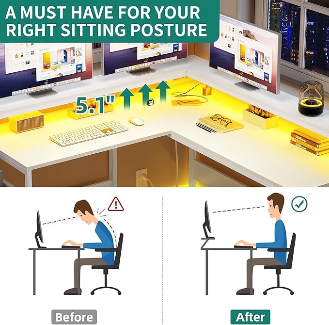 YITAHOME L Shaped Desk with Power Outlets & Hutch, Computer Desk with Drawers & LED Lights, Reversible Corner Office Desk with Printer Stand for Home Office, White