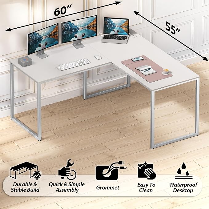 SHW Mission 55 x 60 L-Shape Home Office Computer Desk, White | Reversible Desktop Design