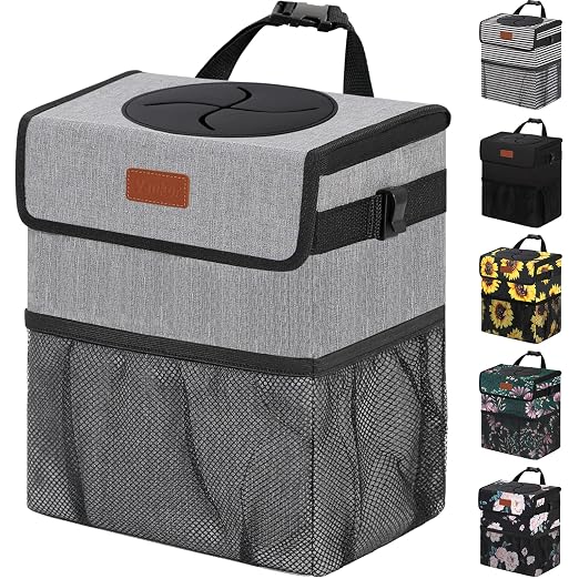 Vankor 3 Gallons Car Trash Can with Lid, Car Trash Bag Bin Hanging Waterproof Automotive Garbage Cans Leak Proof Vehicle Can Grey