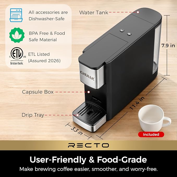 CHULUX RectoCafé Espresso Machine for Nespresso Original Pod, Metal & Black | Extra Mini Design, 20 Bar Professional Italian Pump, Food-Grade Materials, Quiet with Low-Vibration Brewing for Home & Office