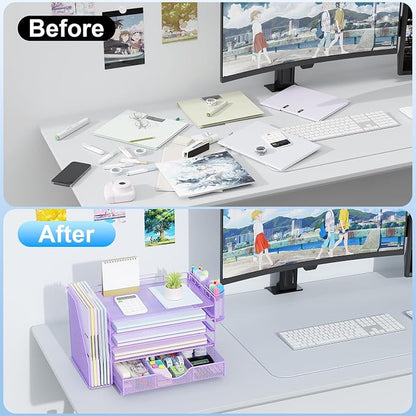 gianotter 5-Tier Desk Organizer with Drawers and File Holders | Letter Trays and Pen Holders - Workspace Accessories for Office Supplies (Light Purple)