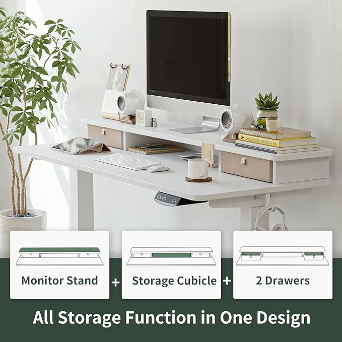 FEZIBO 55 x 24 Inch Height Adjustable Electric Standing Desk with Double Drawer, Stand Up Desk with Storage Shelf, Sit Stand Desk, White
