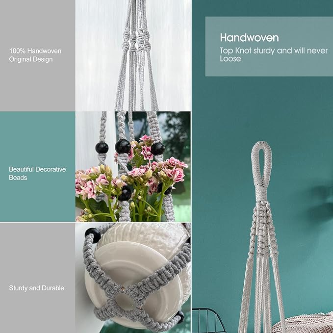 RIFNY Macrame Plant Hanger for 5 to 10 Inch Plant Pots, 35 Inch Indoor Handmade Woven Rope Hanger Kits with Hooks and Wood Beads, Hanging Planter Basket Holder for Boho Home Decor (Grey, 3 Pack)