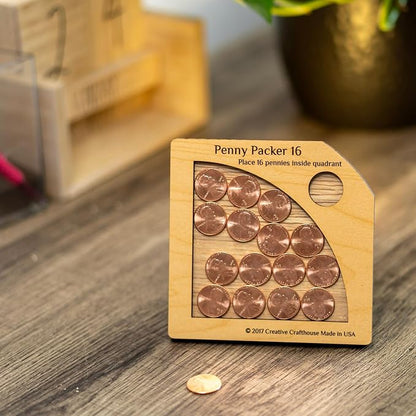 Creative Crafthouse Penny Packer 16 Wood Coin Packing Puzzle for Adults | All the pennies you need are included. Lay each piece flat to find the one solution. A desk and coffee table gift