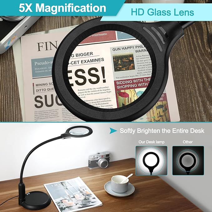 5X Magnifying Glass with Light and Clamp, 5 Color Modes Stepless Dimmable Lighted Magnifier with Stand, Flexible Gooseneck LED Desk Lamp hands Free for Craft Reading Painting Hobby Close Work