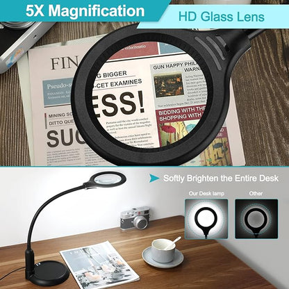 5X Magnifying Glass with Light and Clamp, 5 Color Modes Stepless Dimmable Lighted Magnifier with Stand, Flexible Gooseneck LED Desk Lamp hands Free for Craft Reading Painting Hobby Close Work