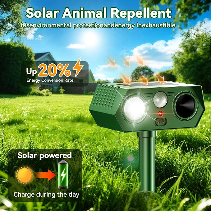 2026 Upgraded Solar Ultrasonic Animal Repeller Outdoor Deer Repellent Devices Waterproof, Motion Activated Animal Deterrent Devices to Scare Cat Squirrel Rabbit Raccoon Skunk for Yard Garden (2-Pack)