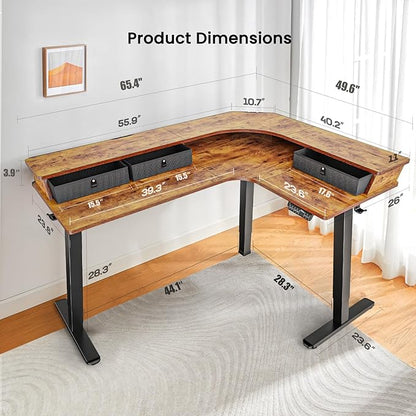 ErGear 65″ L Shaped Standing Desk for Gaming, [3 Drawers & 2 Cable Management Trays] Corner Stand up Desk w/Monitor Shelf Height Adjustable for Home Office, Vintage Brown