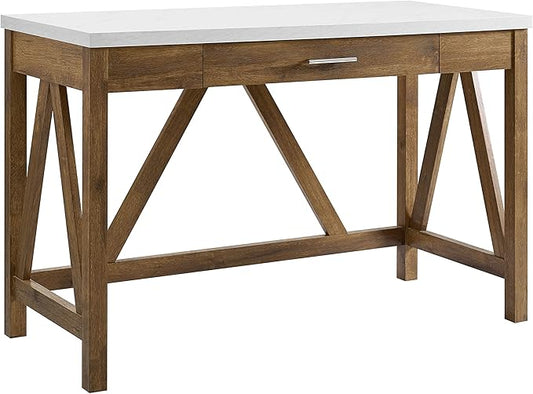 Walker Edison Rustic Farmhouse Wood Computer Writing Desk Home Office Workstation Small, 46 Inch, Marble and Walnut