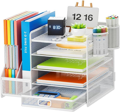 Marbrasse Desk Organiser with File Holder, 5-Tier Paper Letter Tray Organiser with Drawer and 2 Pen Holder, Mesh Desktop Organizer and Storage with Magazine Holder for Office Supplies(White)