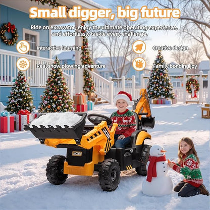 24V JCB Ride On Excavator for Kids, 3-in-1 Ride On Backhoe Digger with Front Loader & Rear Arm, Remote Control, Slow Start/Stop, Adjustable Speeds, Electric Construction Vehicle Toy for Ages 3–8