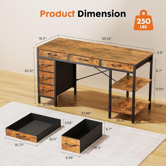 Sweetcrispy 55" Computer Desk with 6 Fabric Drawers & Storage Shelves | Reversible Gaming Desk, Office Desk, Computer Workstation, Corner Desk with Storag, Home Office, Living Room, Rustic Brown