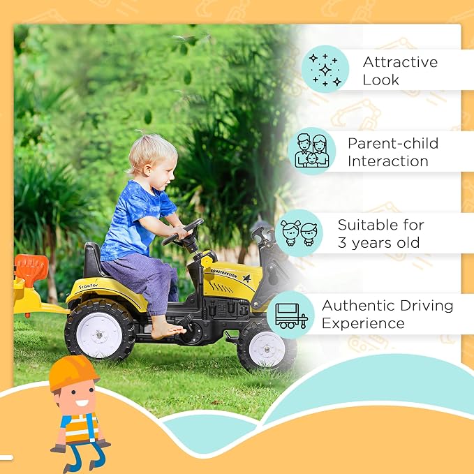 Aosom Kids Ride-On Excavator, Pedal Car Bulldozer, Move Forward/Back with Real Working Dirt Bucket, 6 Wheels, & Cargo Trailer