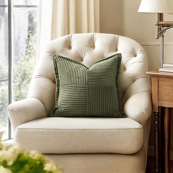 MIULEE Spring Decorative Throw Pillow Covers for Couch Bed Livingroom 18x18 Inch Set of 2 Olive Green Boho Accent Throw Pllows Broadside Striped Patchwork Soft Corduroy Summer Pillowcases