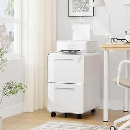 2 Drawers Metal Filing Cabinet with Lock, with 25 File Folders, Mobile Vertical Cabinet with Fully Assembled Except Casters, for Home Office, White