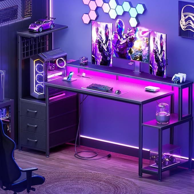 Korfile 55 Inch Gaming Desk with Bluetooth LED Lights & Power Outlets,Computer Desk with Fabric Drawers & Hooks,Reversible Gamer Table with Monitor Stand for Game Room,Home Office,Carbon Fiber Black | Reversible，Computer Desk, Gamer Table, Bluetooth LE...