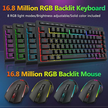 Redragon Wireless Gaming Keyboard and Mouse Combo, 75% Portable, Black | Bluetooth/2.4G/USB-C Wired, RGB Backlit, Quiet Rechargeable Macro Membrane Keyboard & 12800 DPI Mouse for Win/MAC