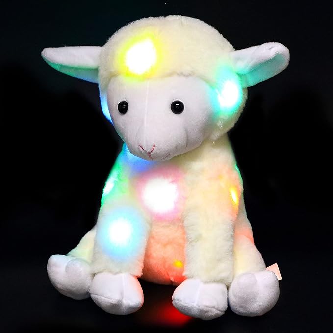 Hopearl LED Plush Lamb Lighting Up Stuffed Sheep Floppy Night Lights Glow in The Dark Birthday Festival for Kids Toddlers, Beige, 11''