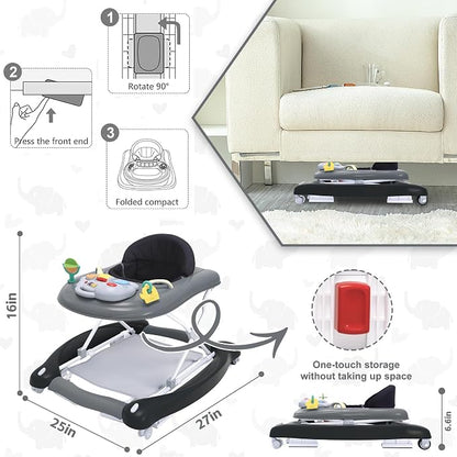Foldable Baby 5-in-1 Activity Walker - Rocker, Activity Center, Bouncer, Seat Walker, Push Walker - Adjustable Speed Rear Wheels and Height Toys Ages 6-18 Months… (Black)