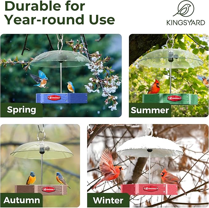 Kingsyard Large Platform Bird Feeder Outdoor Hanging, Adjustable Dome Squirrel Proof Rain Cover, Metal Mesh Tray Recycled Plastic Wild Bird Seed Feeding Station, Green